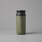 KINTO travel tumbler in khaki, featuring the vertical white text 'grace farms' on the front, set against a solid gray background.