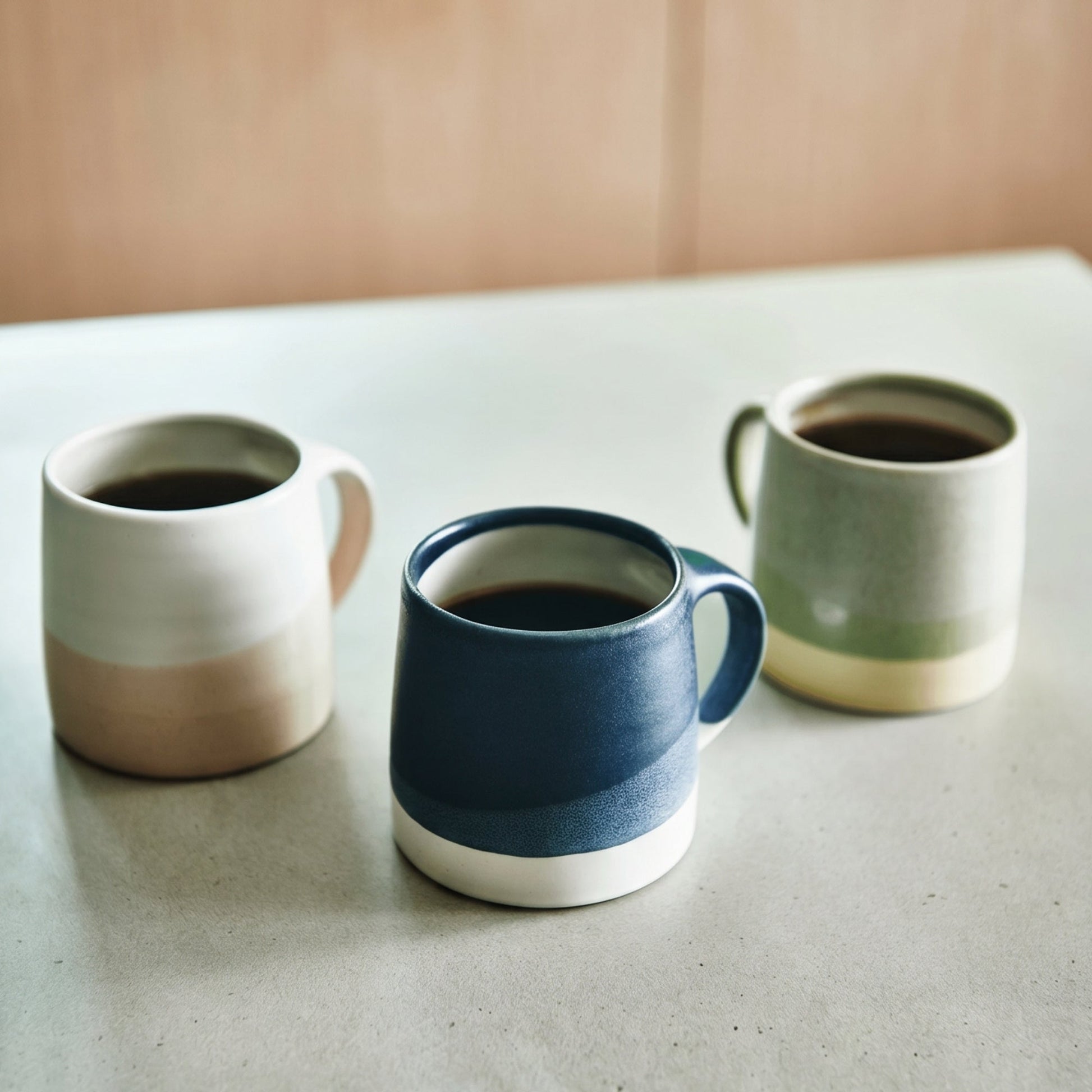 Three ceramic KINTO mugs with different color schemes on a light surface.